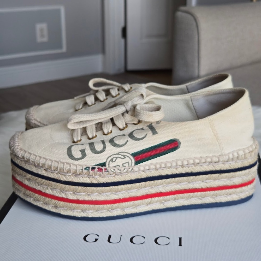 Gucci Canvas Logo Lace-Up Platform Espadrilles